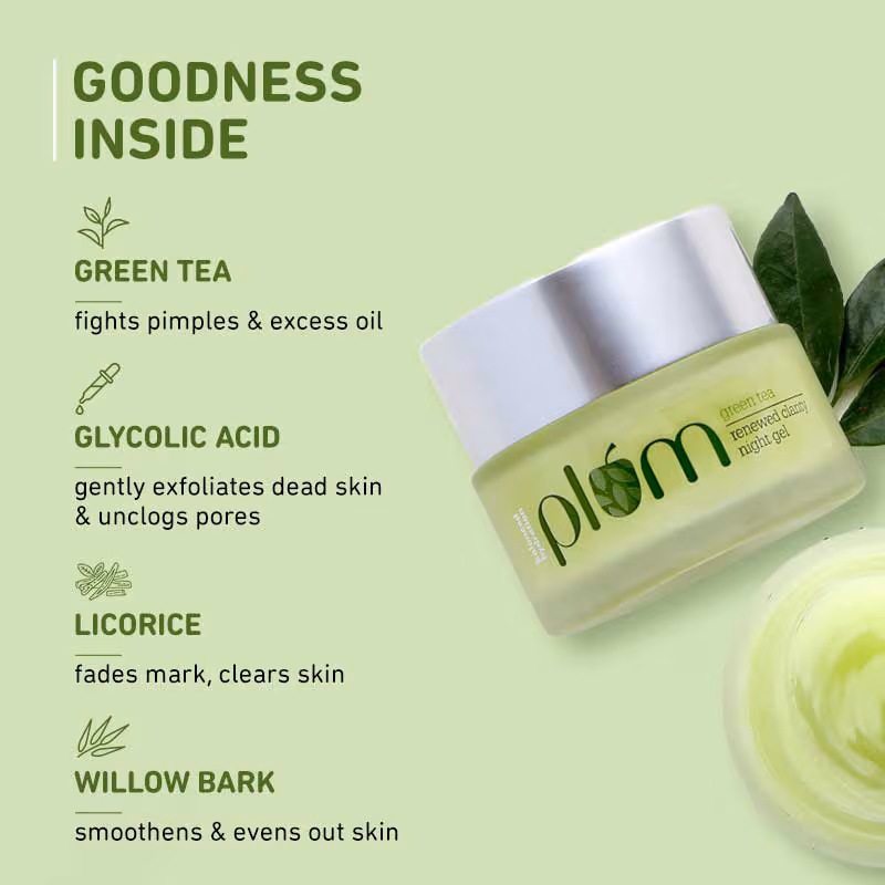 Plum Green Tea Night Gel Cream With Glycolic Acid, Fights Acne For Clear,Oil-Free,YouthfulSkin